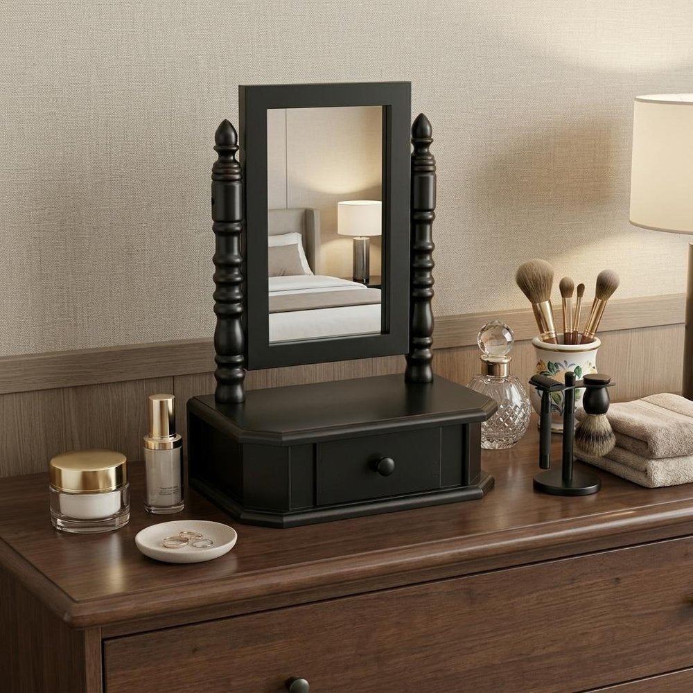20" Black Wood Framed Freestanding Makeup Shaving Tabletop Mirror