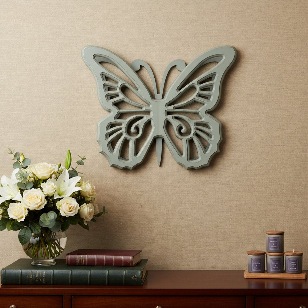 23" X 19" Gray Butterfly Wood Hanging Dimensional Sculpture