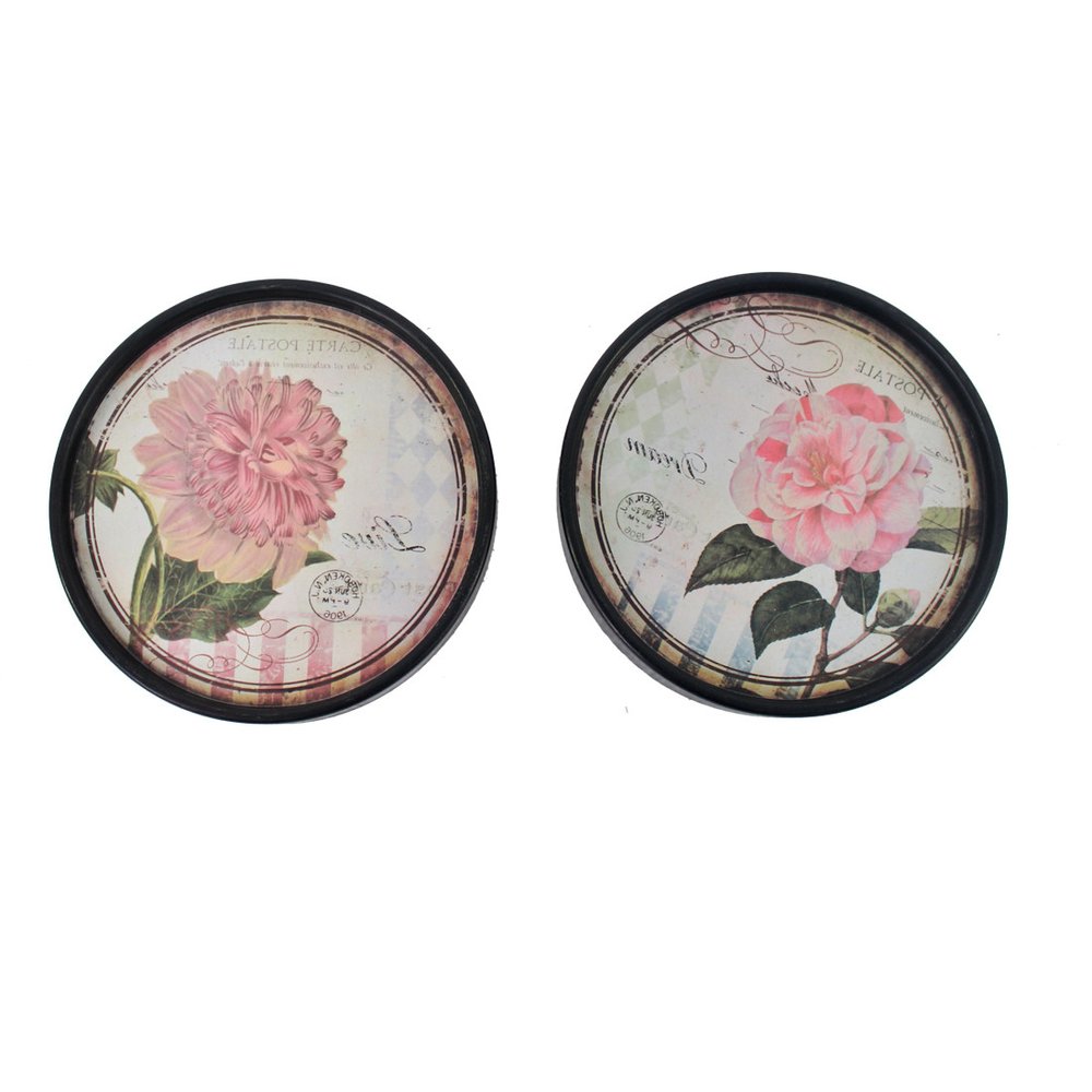 Set of Two Black And Pink Floral Metal Round Trays Hanging Wall Decor