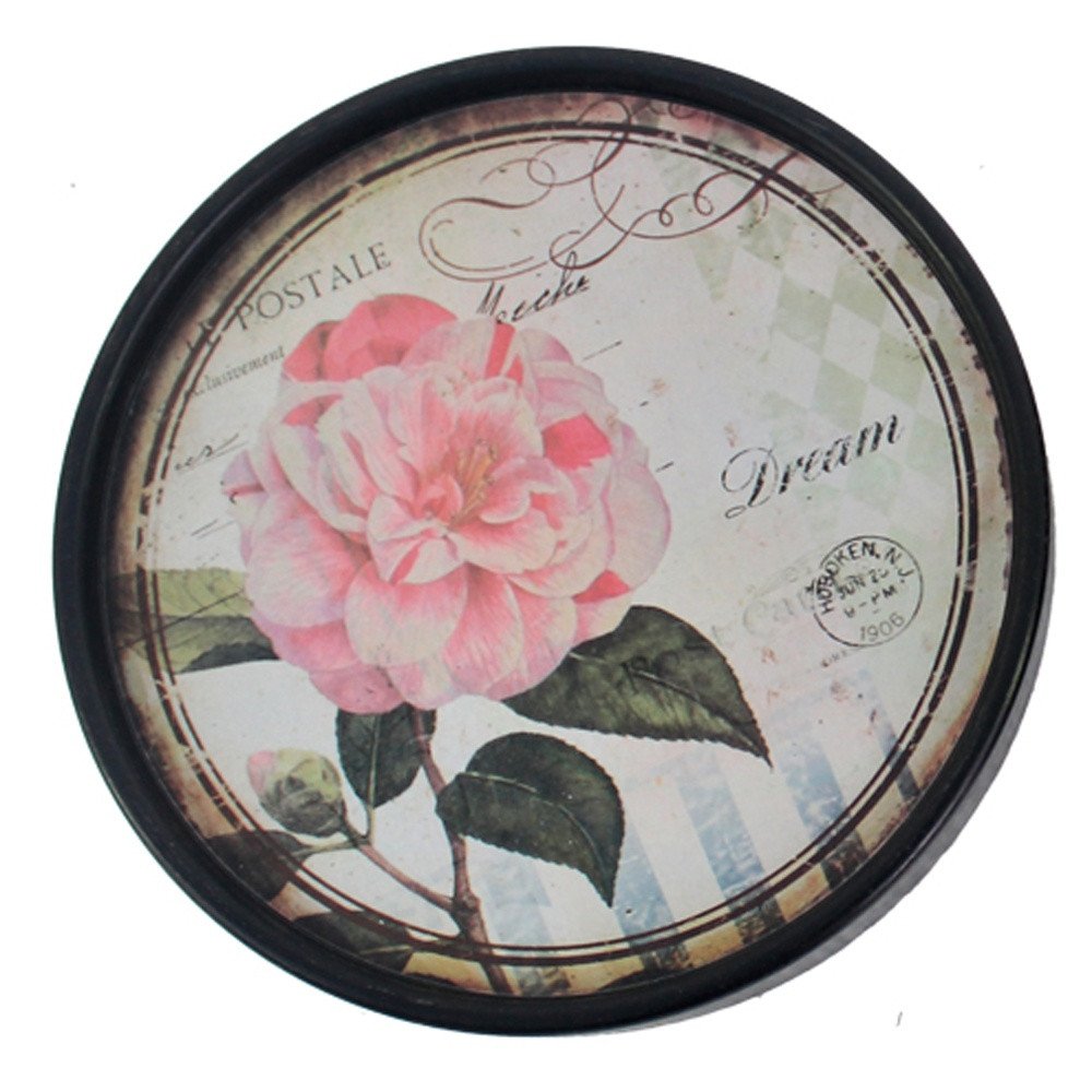 Set of Two Black And Pink Floral Metal Round Trays Hanging Wall Decor