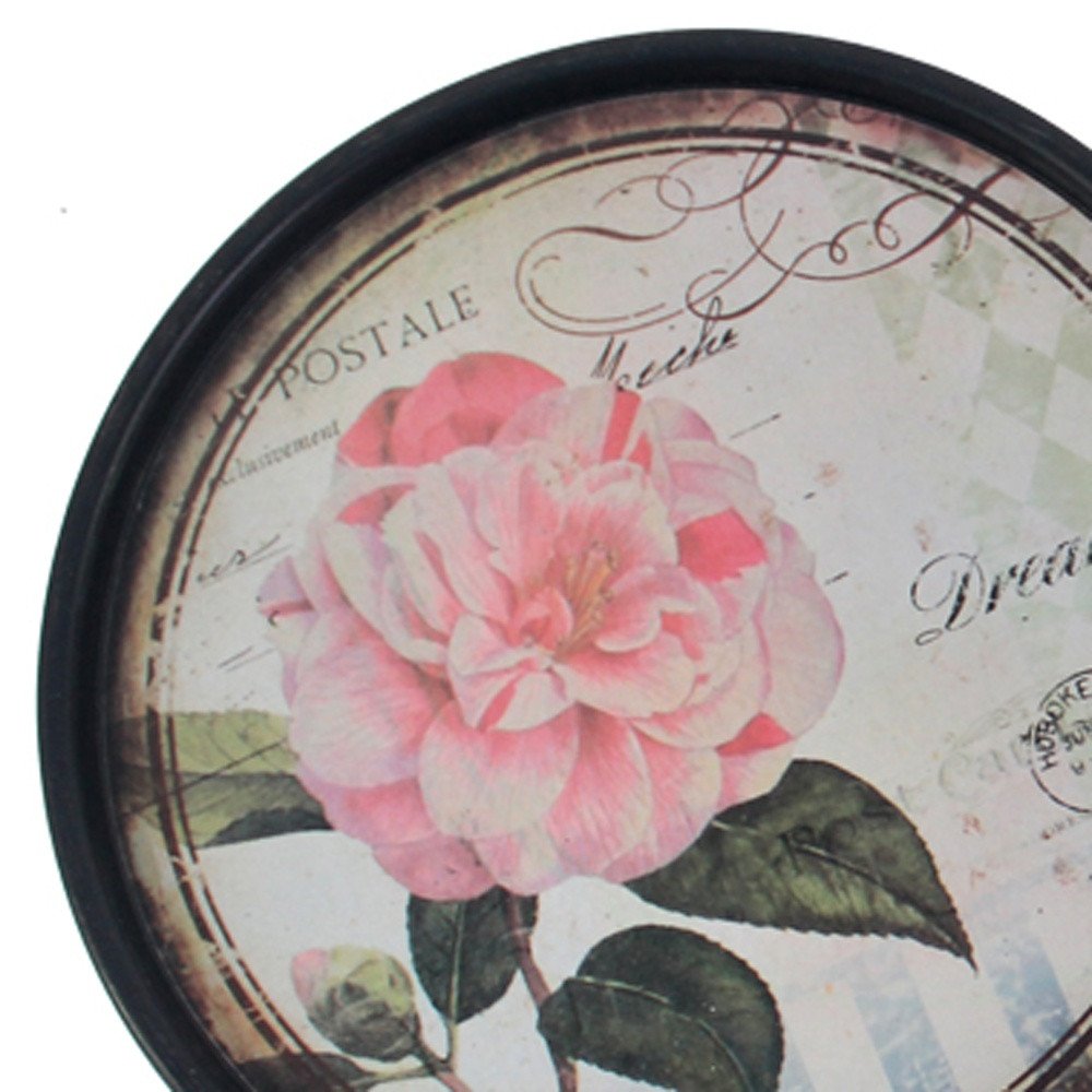 Set of Two Black And Pink Floral Metal Round Trays Hanging Wall Decor