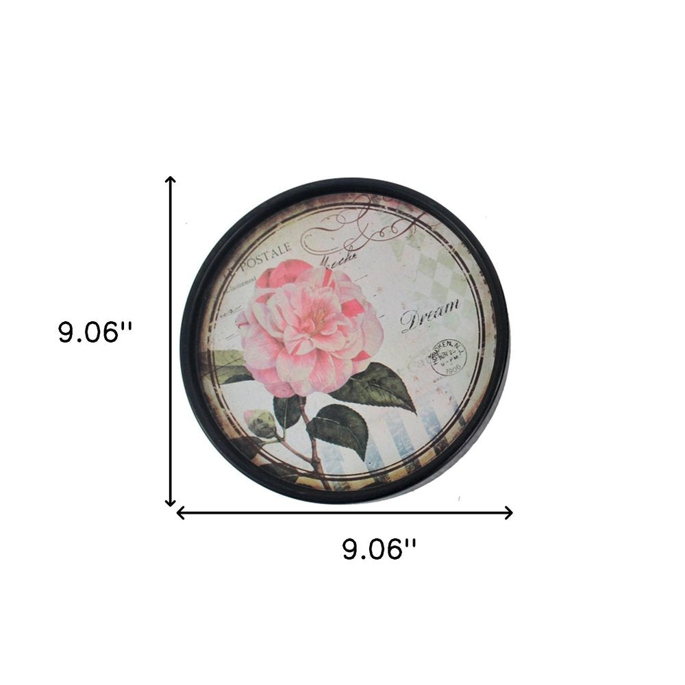 Set of Two Black And Pink Floral Metal Round Trays Hanging Wall Decor