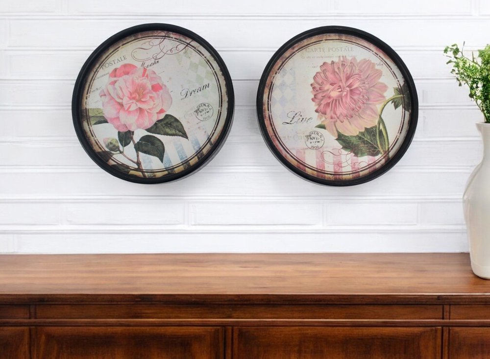 Set of Two Black And Pink Floral Metal Round Trays Hanging Wall Decor