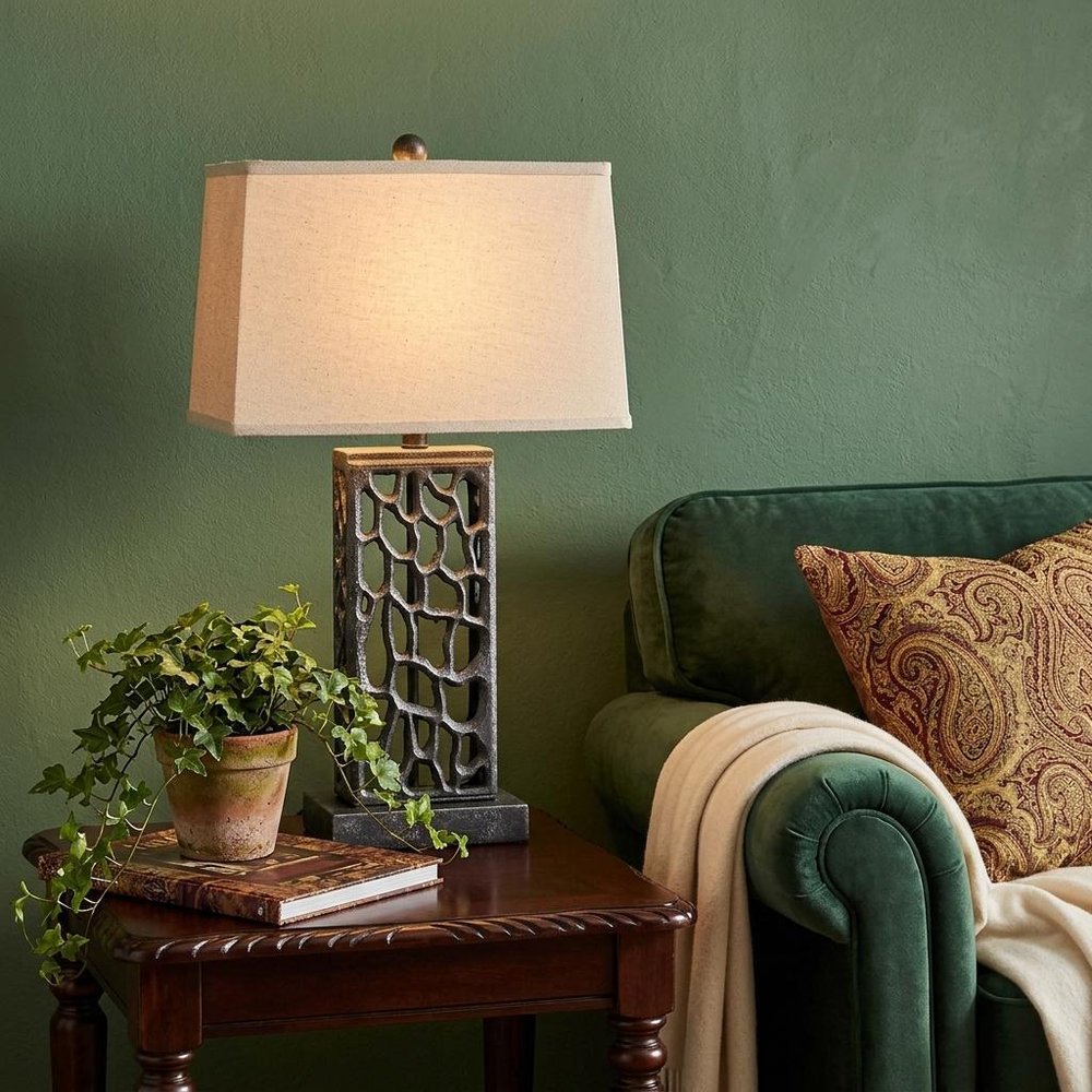 29" Distressed Black Metal Bedside Lamp With Beige Shade
