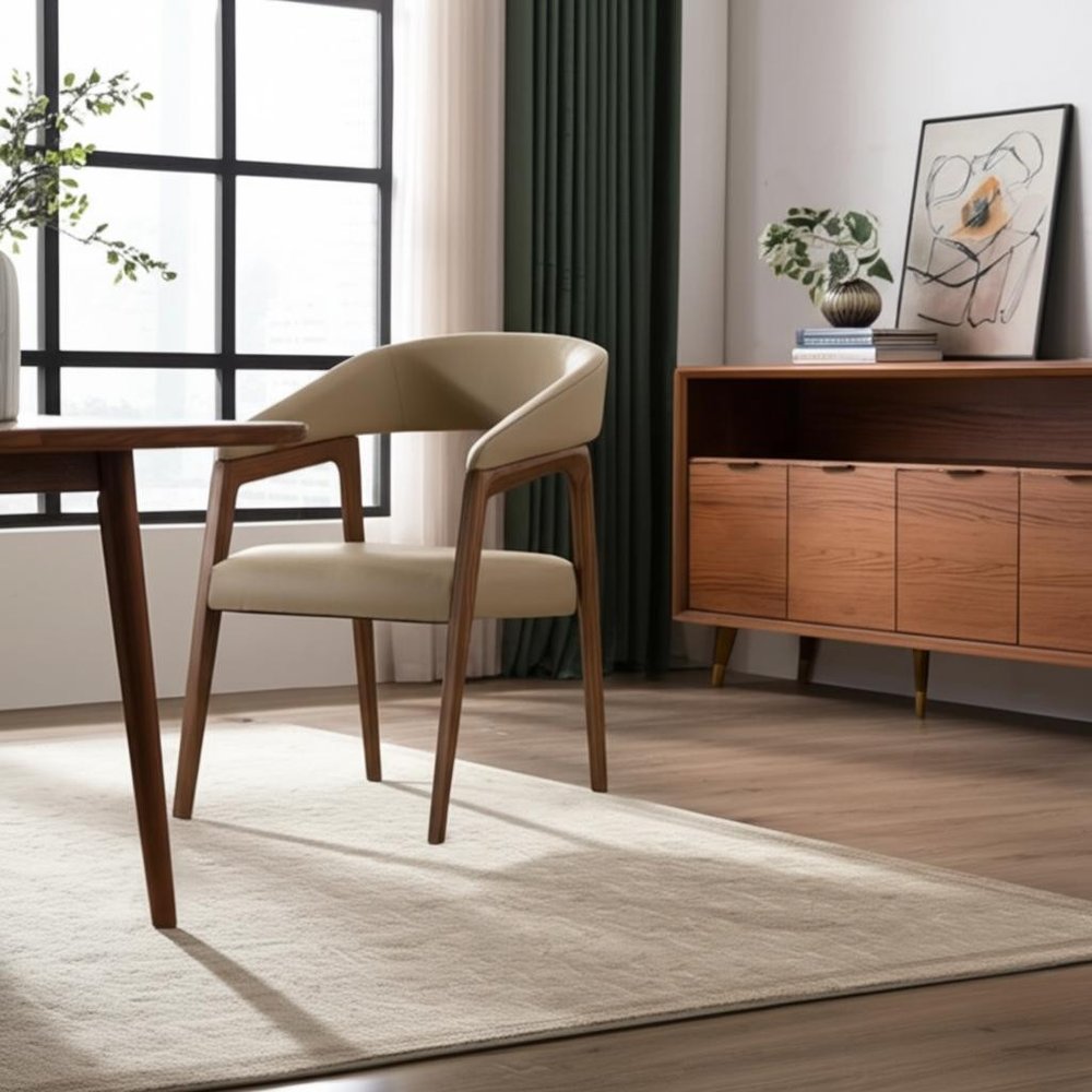 Taupe and Brown Upholstered Faux Leather Curved Back Dining Arm Chair