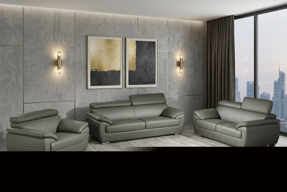 Three Piece Indoor Gray Genuine Leather Six Person Seating Set