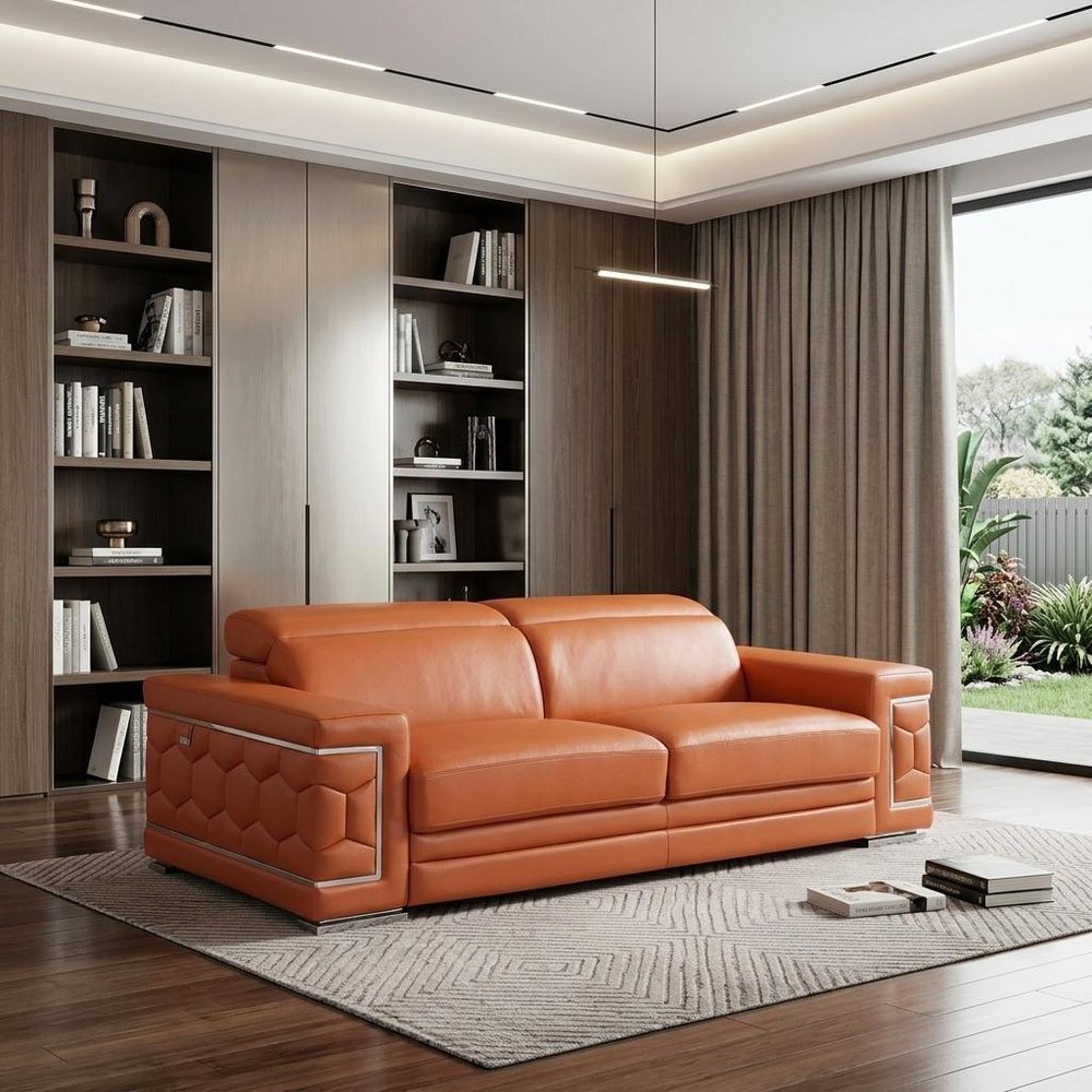 89" White Italian Leather Sofa With Silver Legs