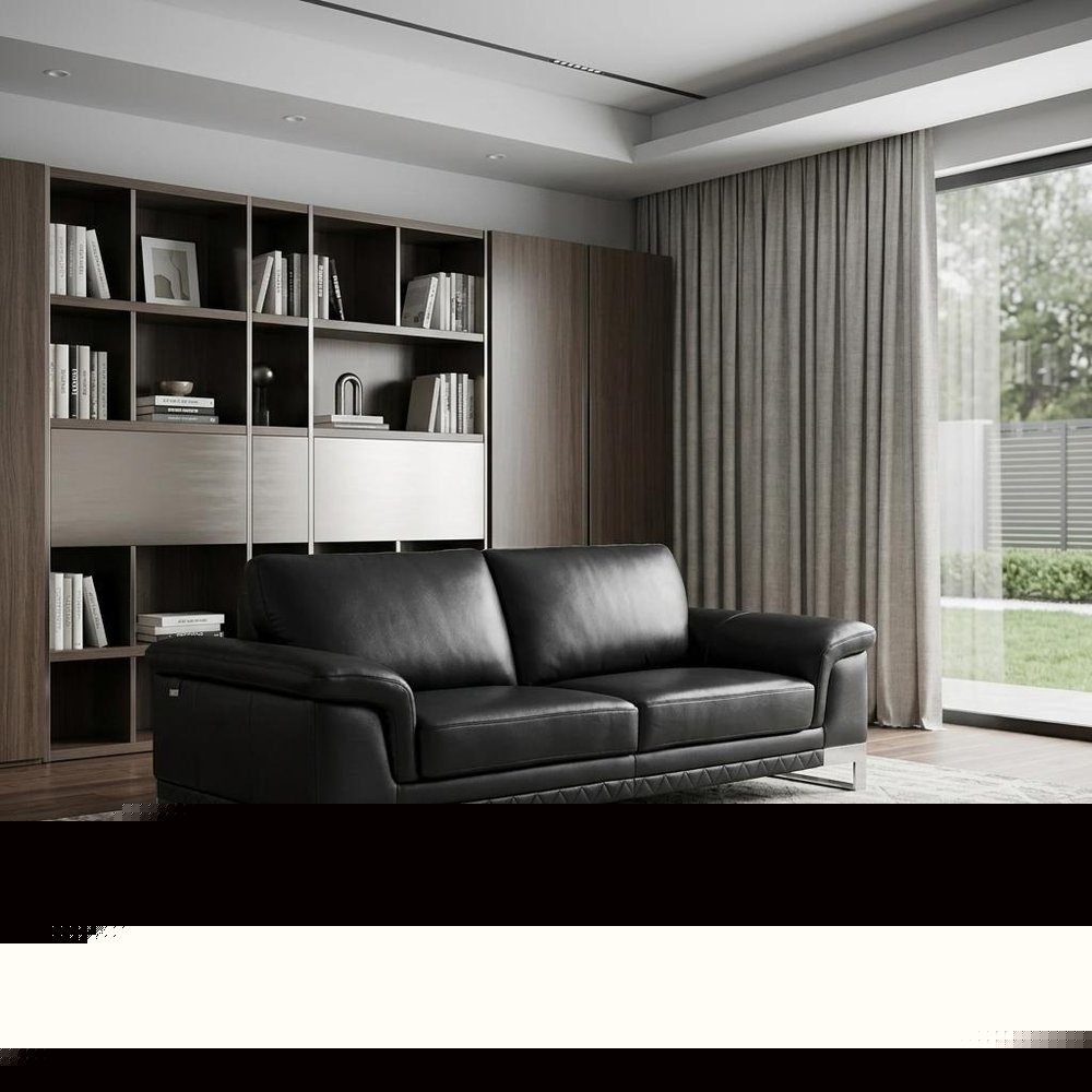 90" Black Italian Leather Sofa With Silver Legs