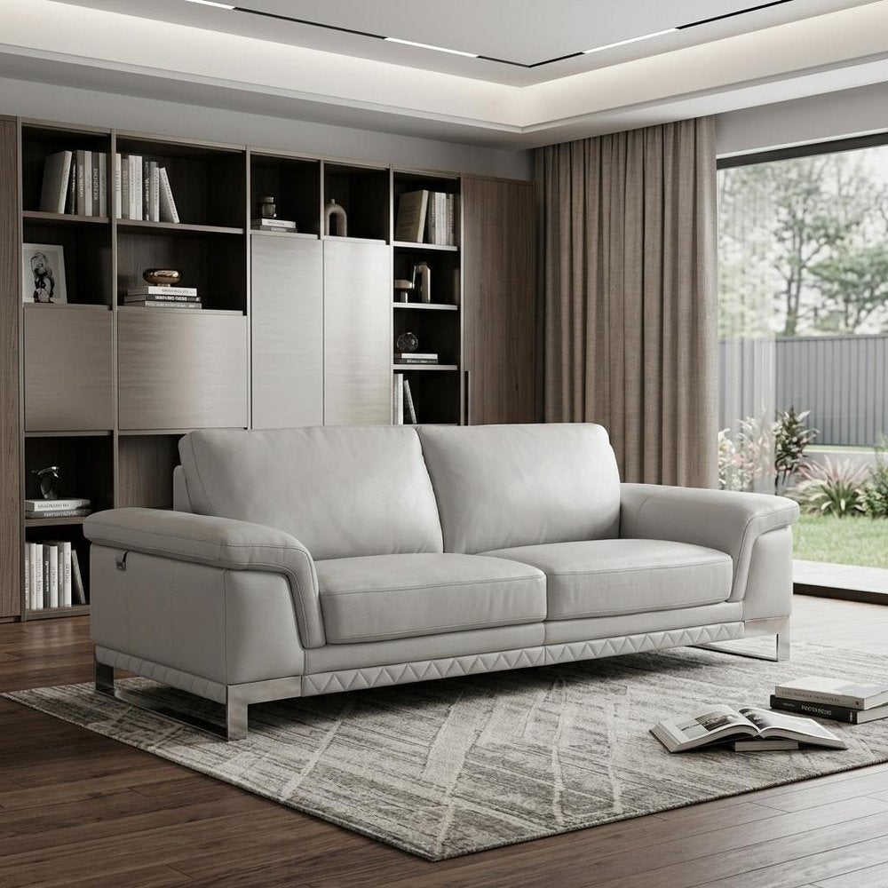 90" Black Italian Leather Sofa With Silver Legs