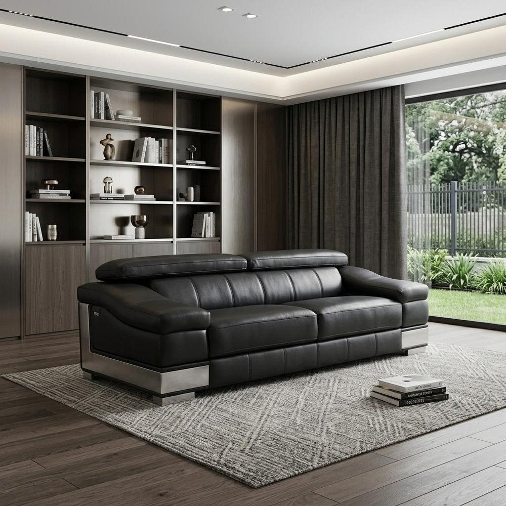 92" Light Gray Italian Leather Sofa With Silver Legs