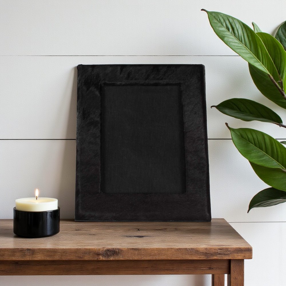 5" x 7" Black Cowhide Hanging & Tabletop Picture Frame with Mat