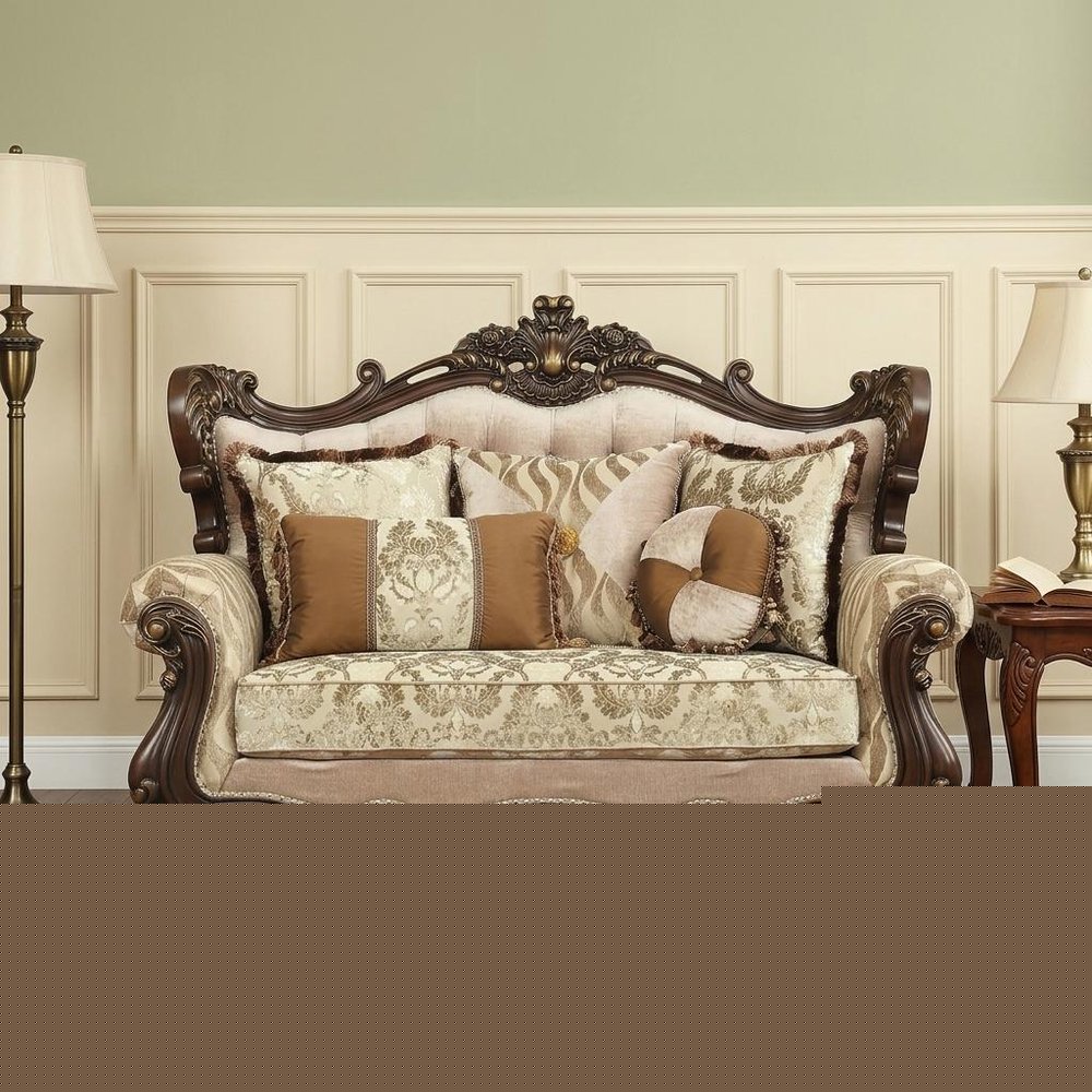 70" Beige and Brown And Brown Damask Loveseat and Toss Pillows