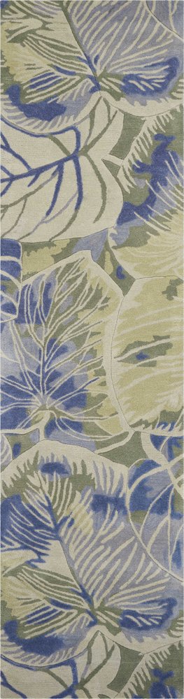 10' Blue Green And Beige Wool Tropical Botanical Hand Tufted Runner Rug