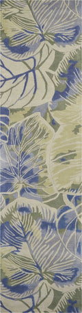 10' Blue Green And Beige Wool Tropical Botanical Hand Tufted Runner Rug