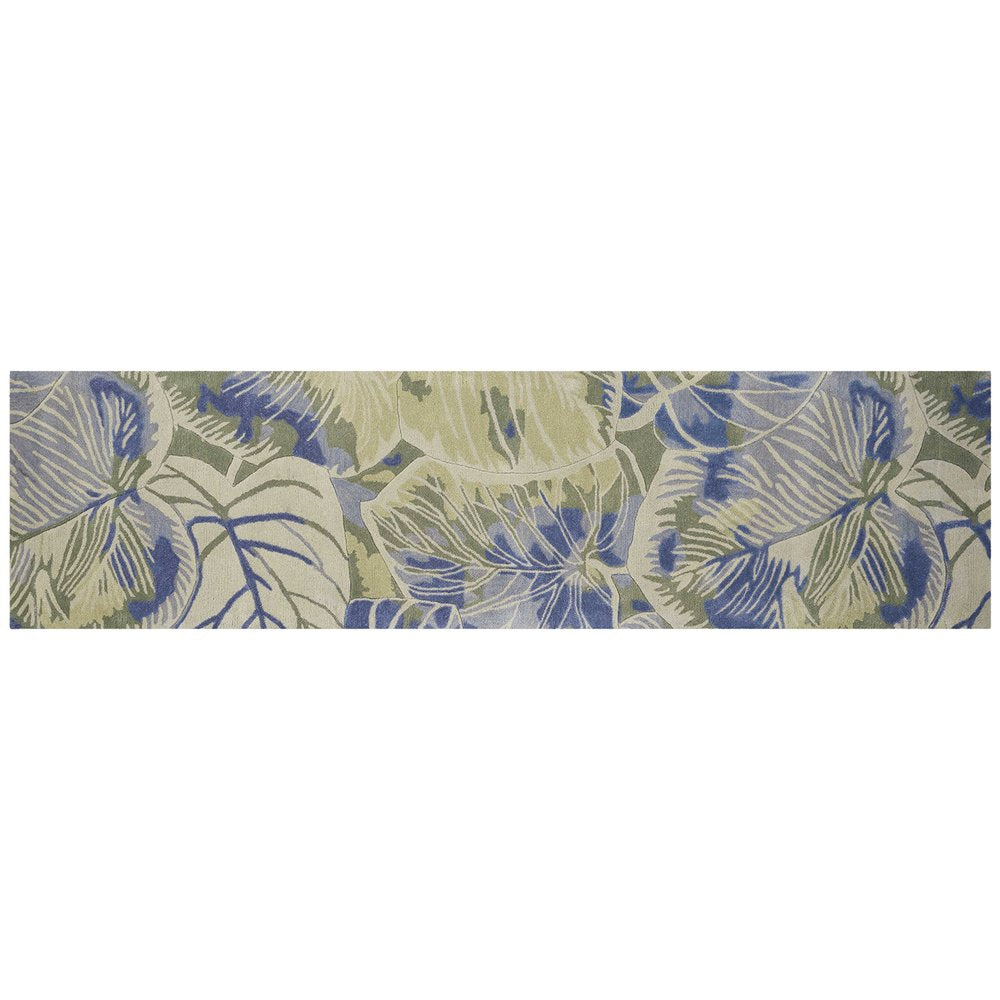 10' Blue Green And Beige Wool Tropical Botanical Hand Tufted Runner Rug