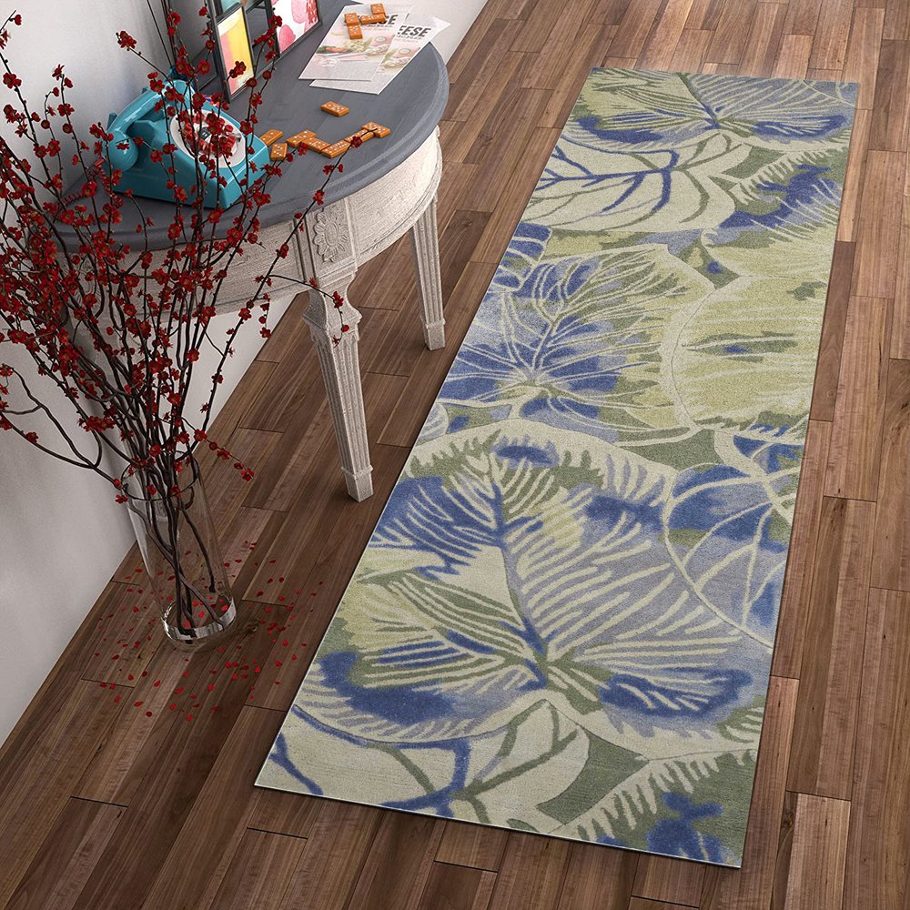 10' Blue Green And Beige Wool Tropical Botanical Hand Tufted Runner Rug