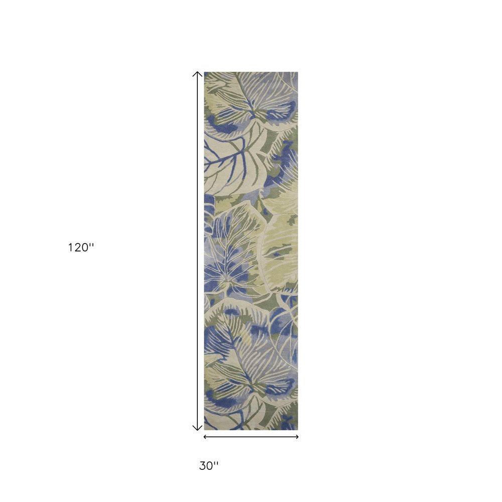 10' Blue Green And Beige Wool Tropical Botanical Hand Tufted Runner Rug