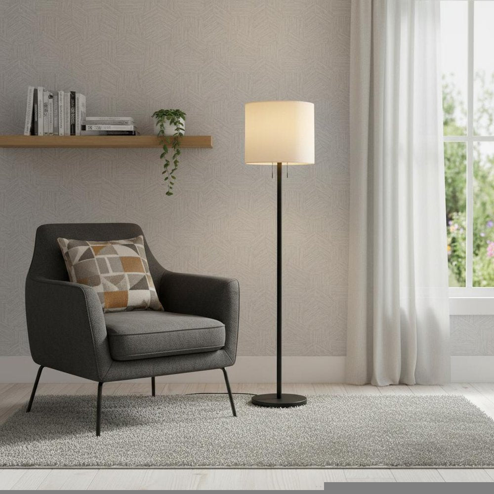 60" Black And White Floor Lamp With White Fabric Drum Shade