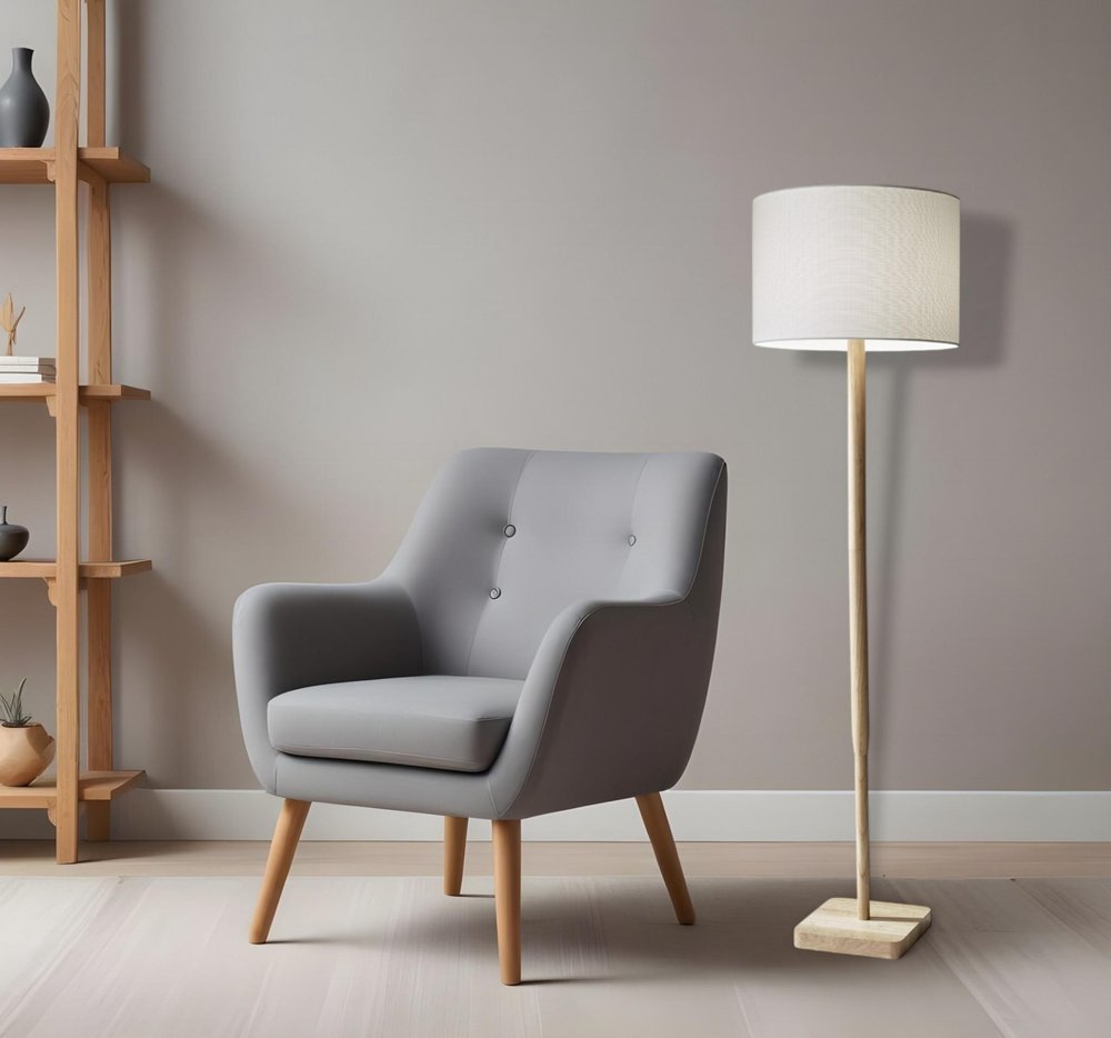 59" Natural Solid Wood Floor Lamp With White Linen Drum Shade