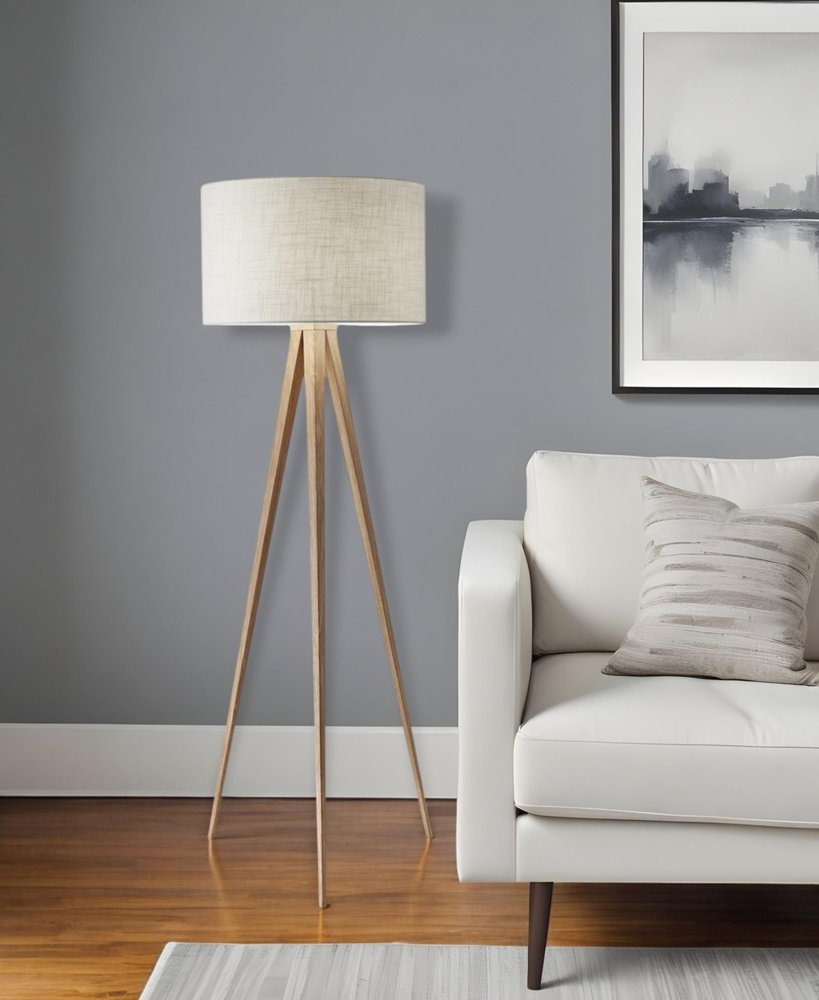 Black Metal Tripod Floor Lamp With Black Fabric Drum Shade