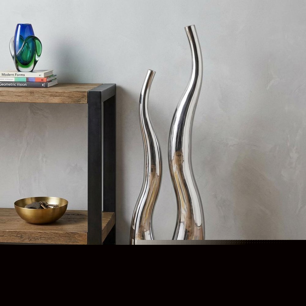 Set of Two Aluminum Silver Wavy Floor Vases