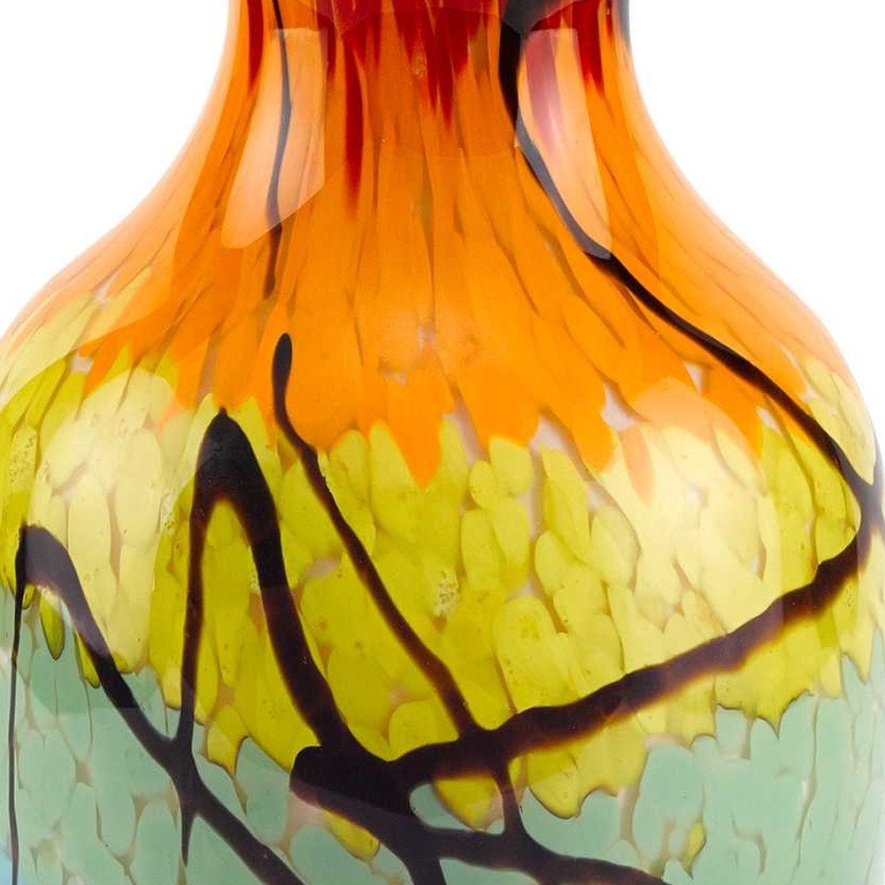11" Black Blue Red And Yellow Abstract Urn Handblown Glass Table Vase