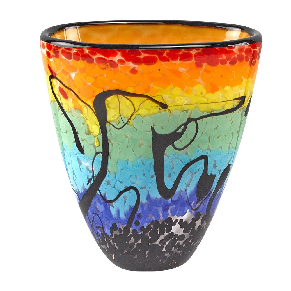 8" Red Orange Blue And Black Blue Abstract Oval Murano Glass Table Vase