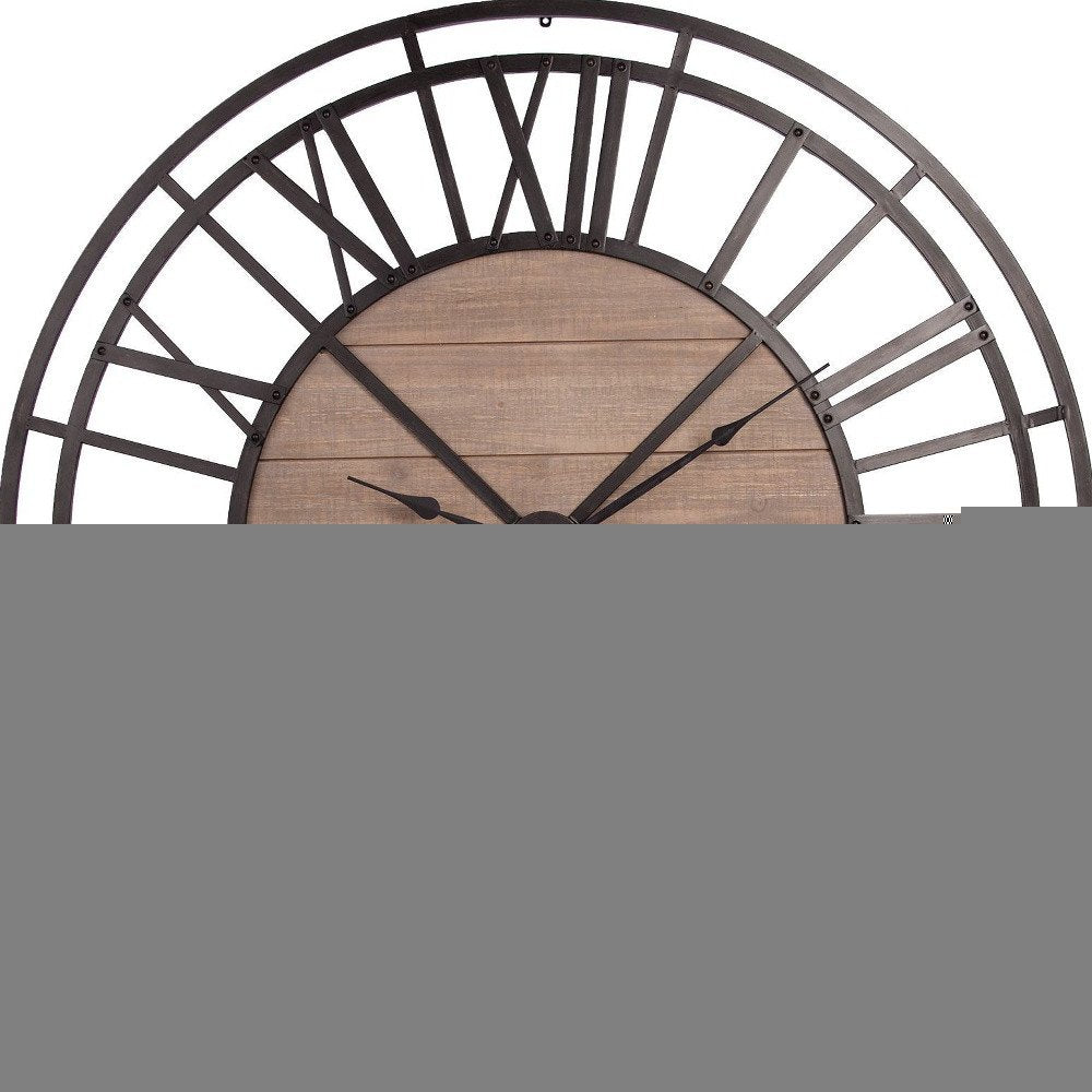 59" Black And Brown Metal and Solid Wood Skeleton Circle Wall Clock
