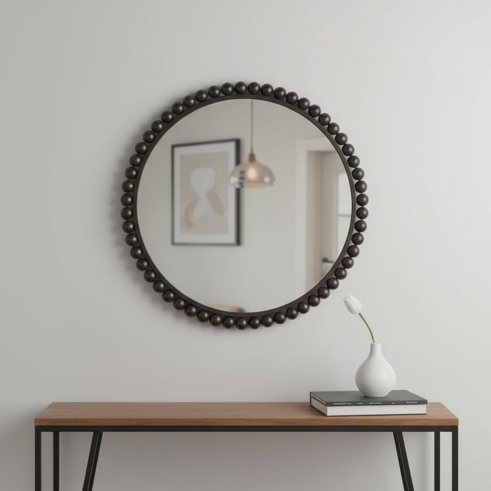 43" Black Metal Round Beaded Framed Accent Mirror