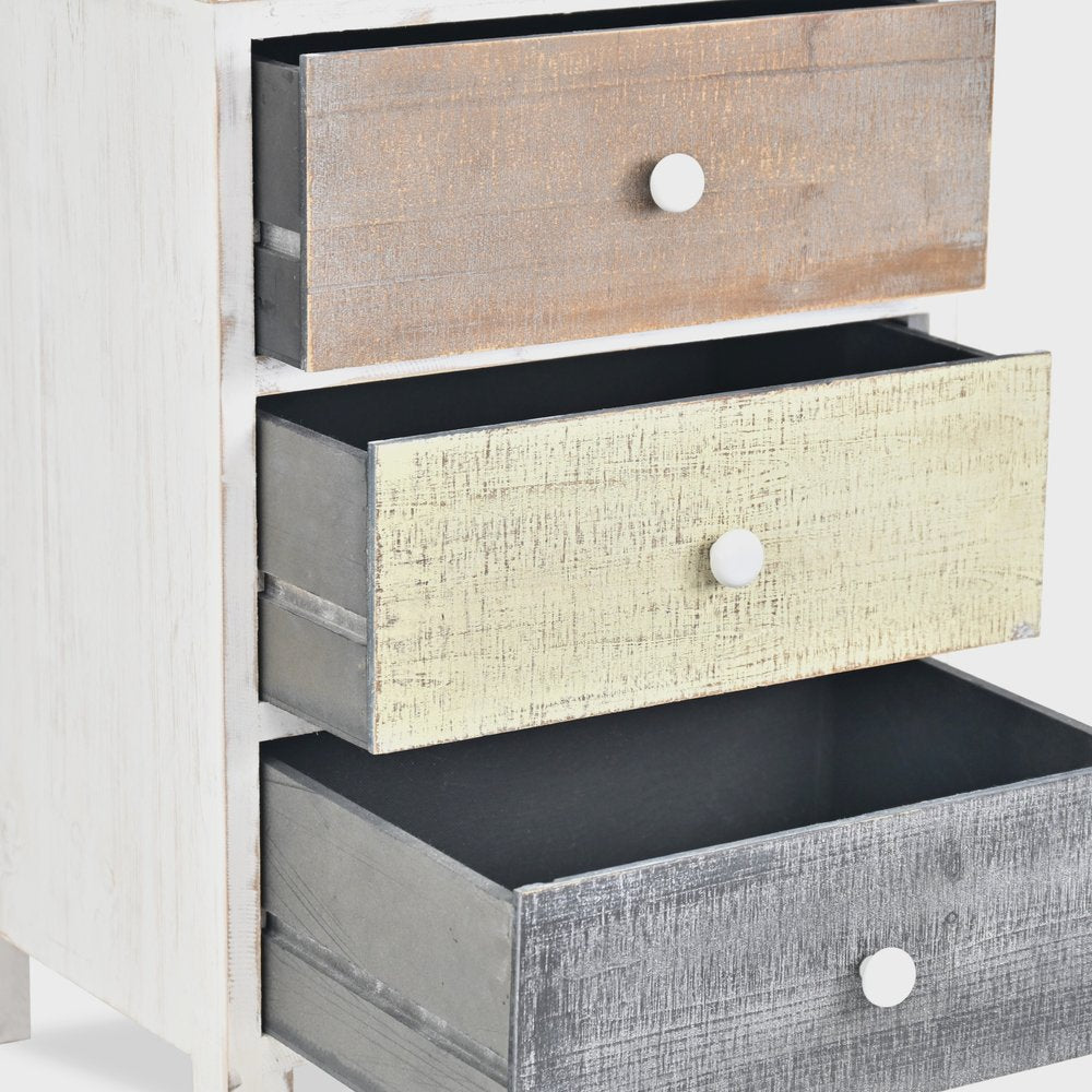 19" White Gray and Natural Distressed Accent Cabinet With Three Drawers