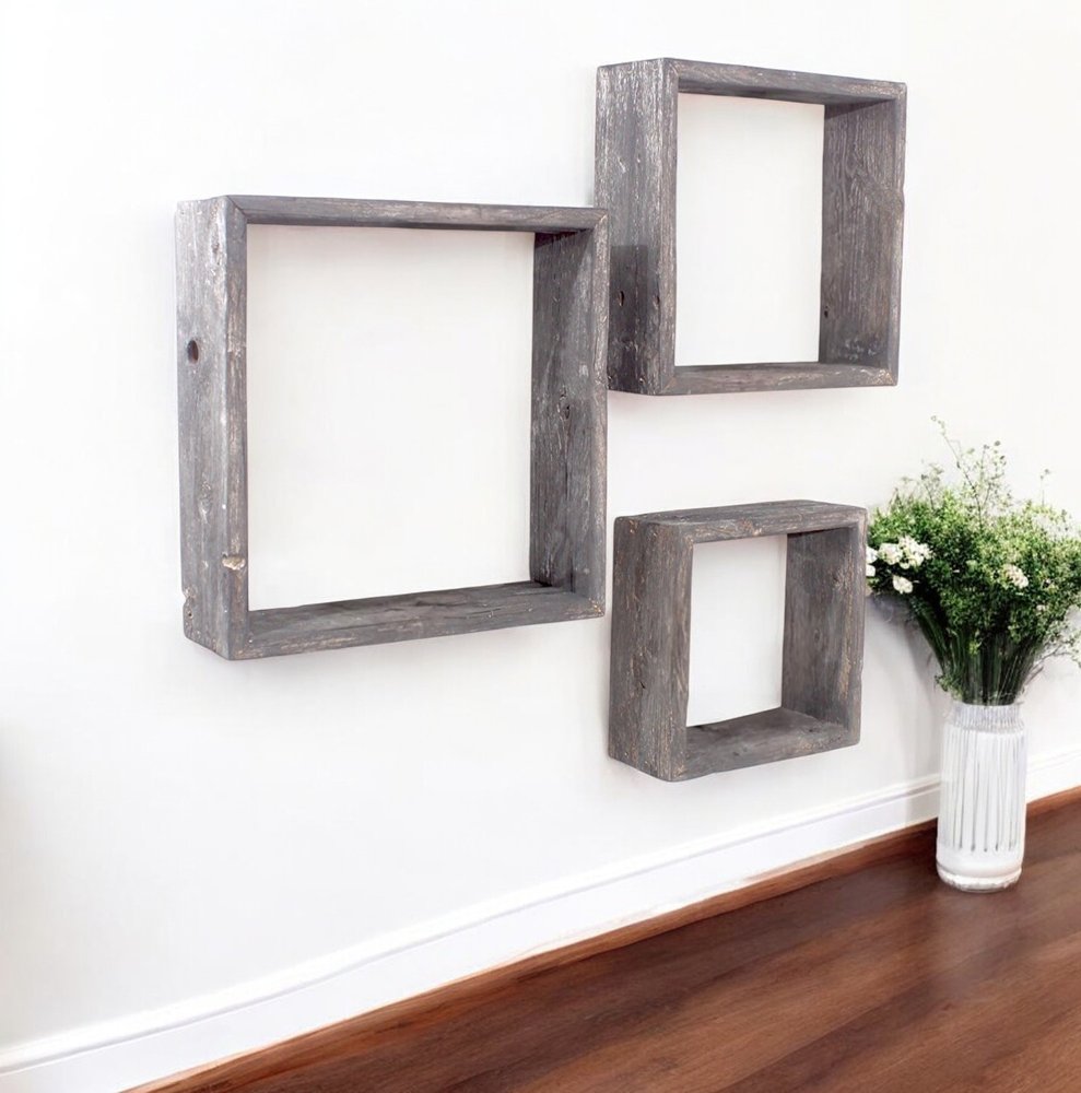 Set of Three Espresso Wood Square Hanging Dimensional Sculpture