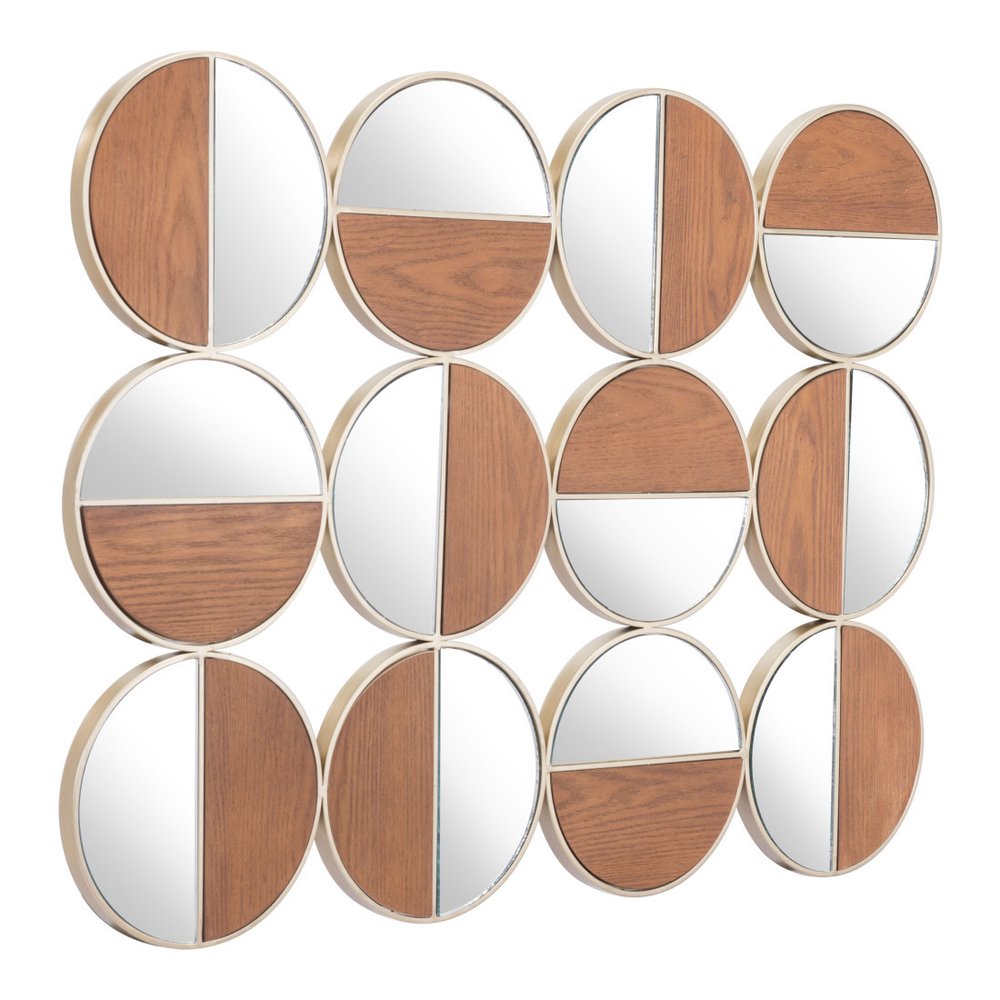 36" Gold And Walnut Steel Round Framed Accent Mirror