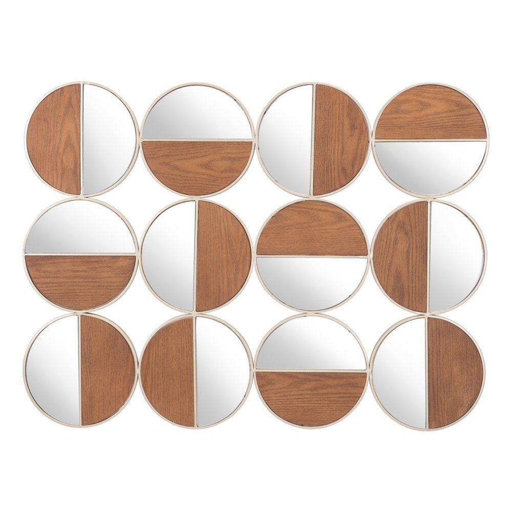 36" Gold And Walnut Steel Round Framed Accent Mirror