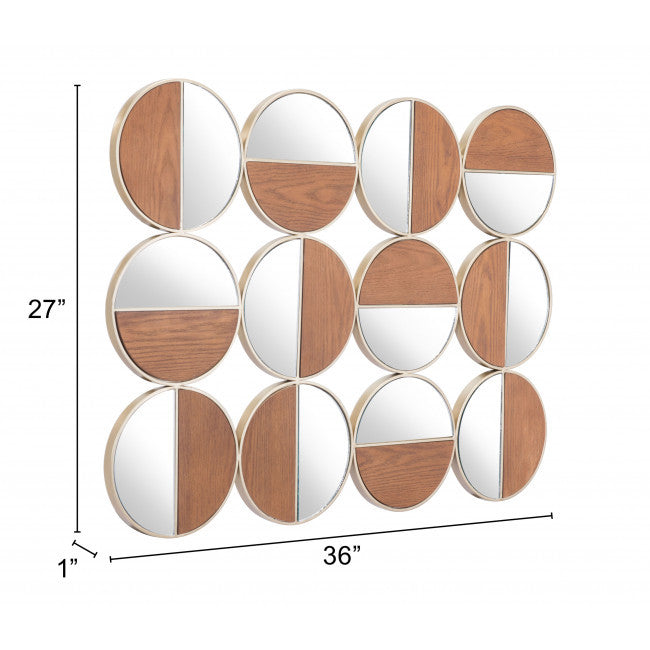36" Gold And Walnut Steel Round Framed Accent Mirror