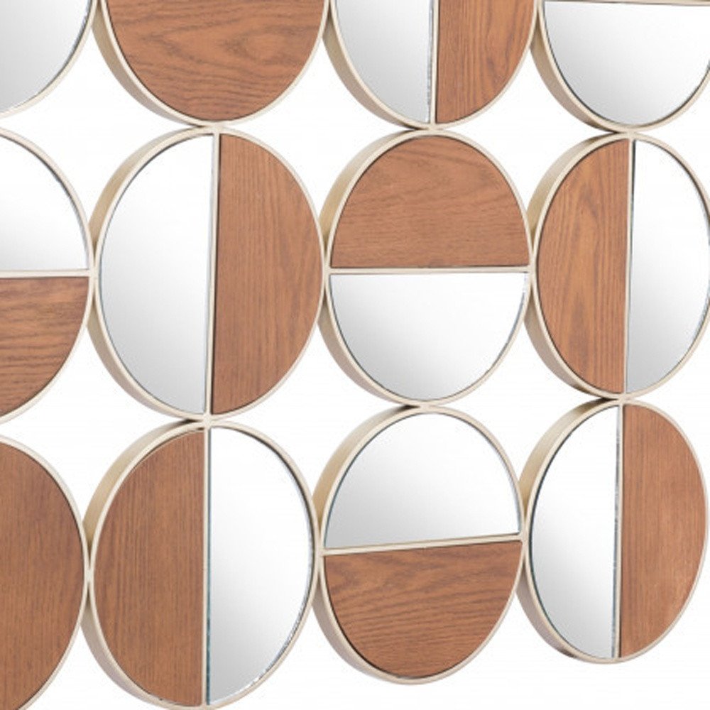 36" Gold And Walnut Steel Round Framed Accent Mirror