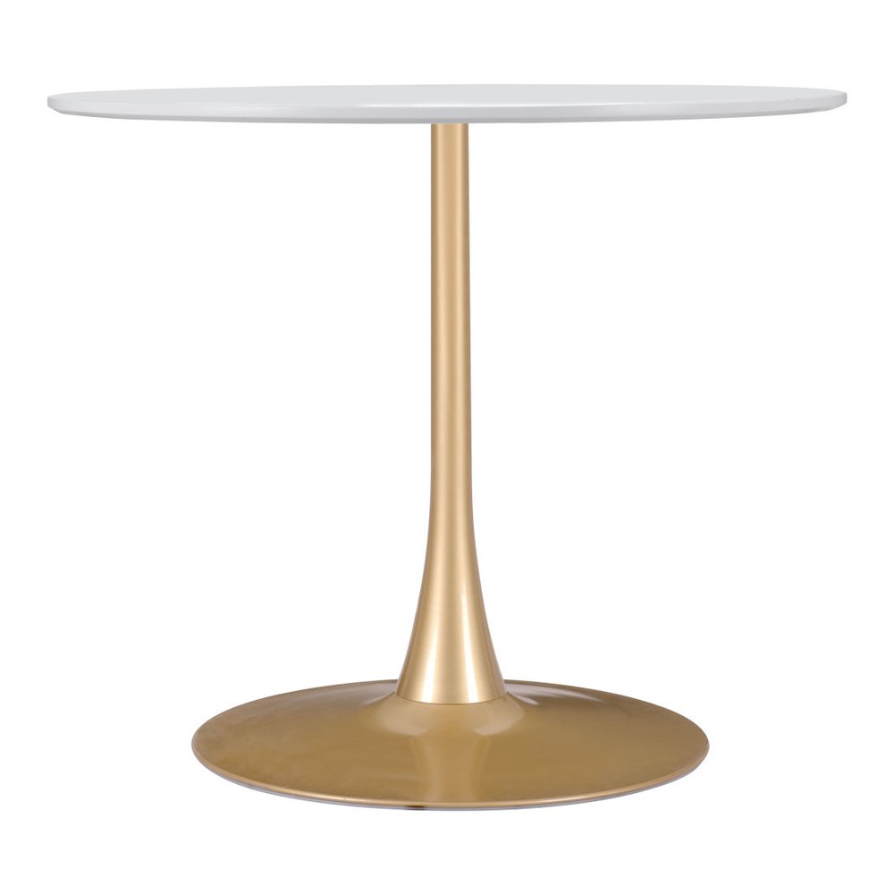 35" White and Gold Wood and Steel Pedestal Base Round Top Dining Table