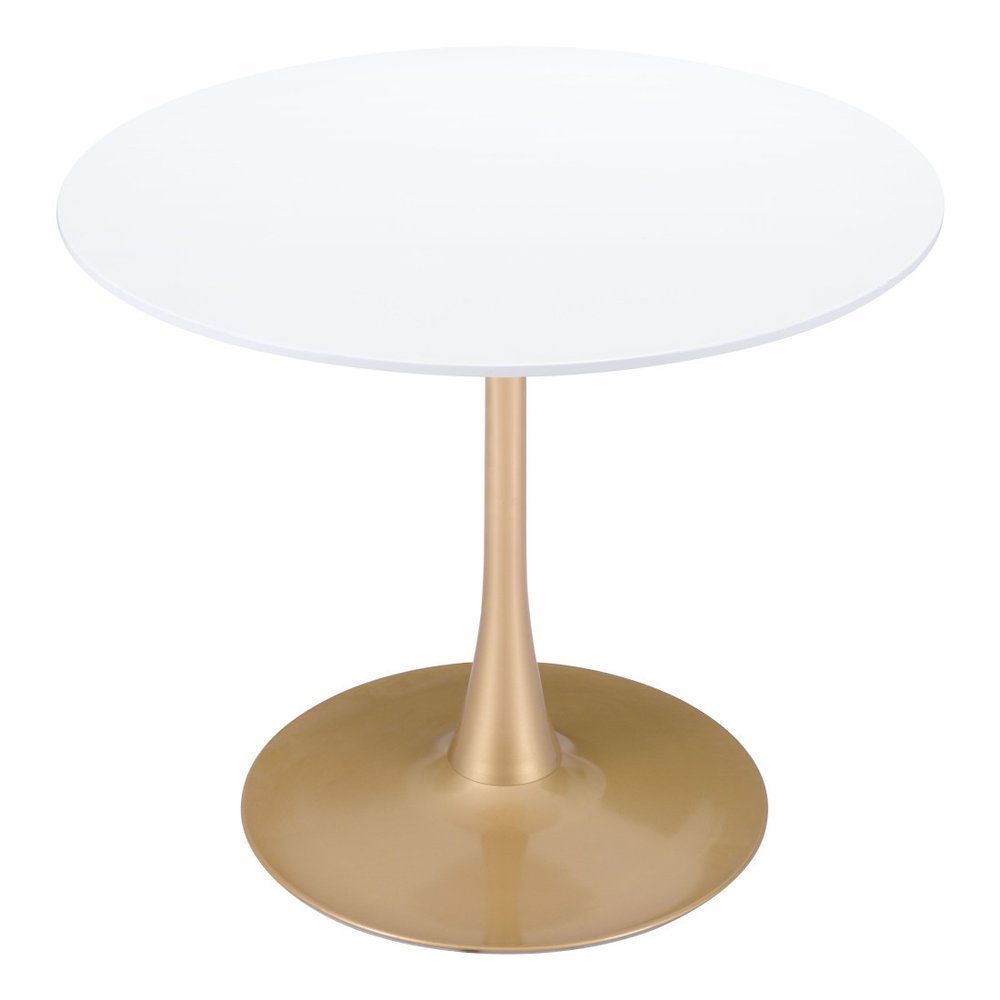 35" White and Gold Wood and Steel Pedestal Base Round Top Dining Table