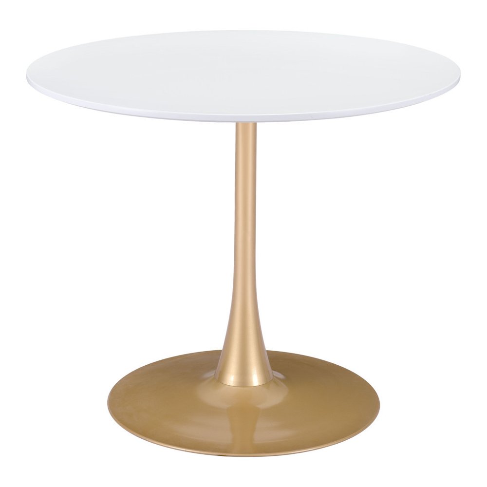 35" White and Gold Wood and Steel Pedestal Base Round Top Dining Table