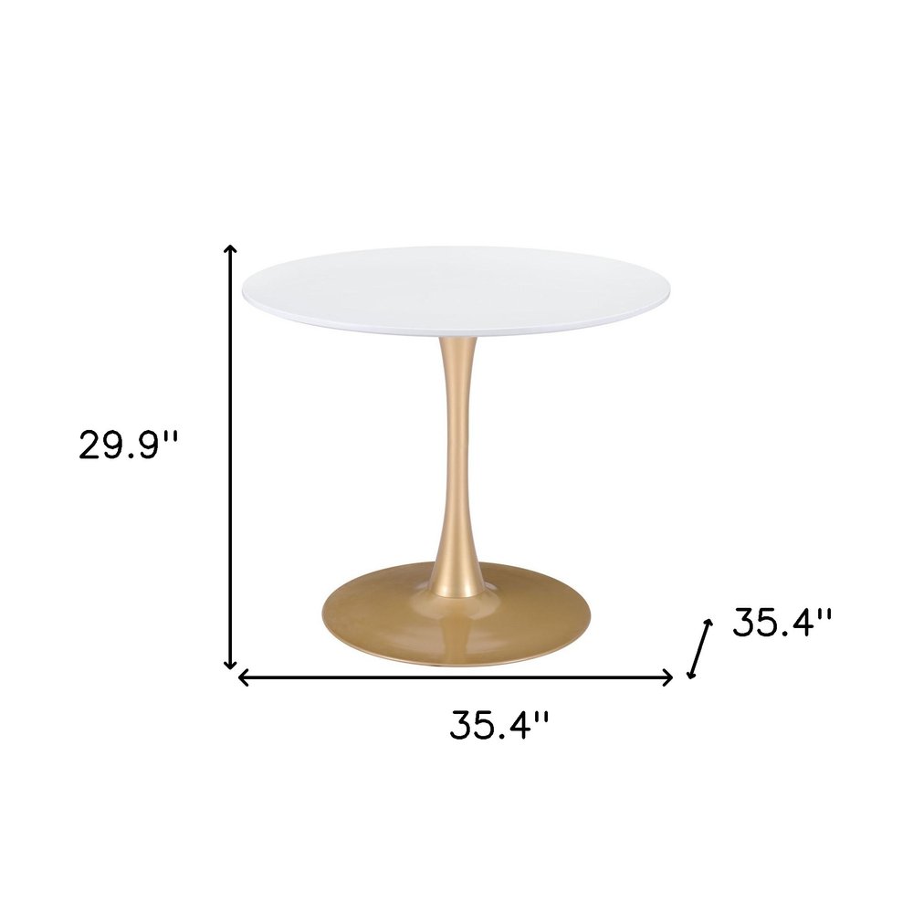 35" White and Gold Wood and Steel Pedestal Base Round Top Dining Table
