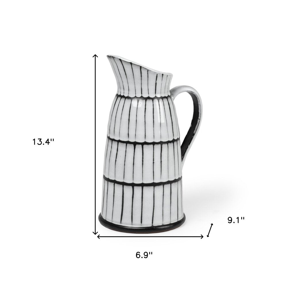 13" Black And White Ceramic Cylinder Jug Vase With Sculptural Details