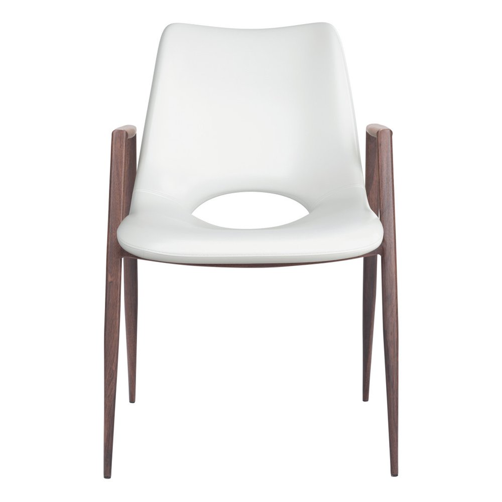 Set of Two White and Brown Upholstered Faux Leather Open Back Dining Arm Chairs