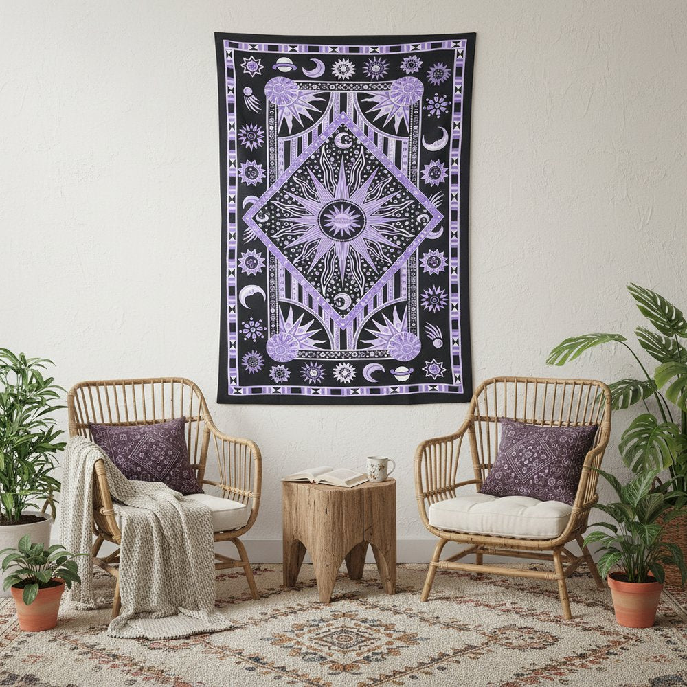 80" X 56" Purple Black And White Mandala Cotton Hanging Tapestry