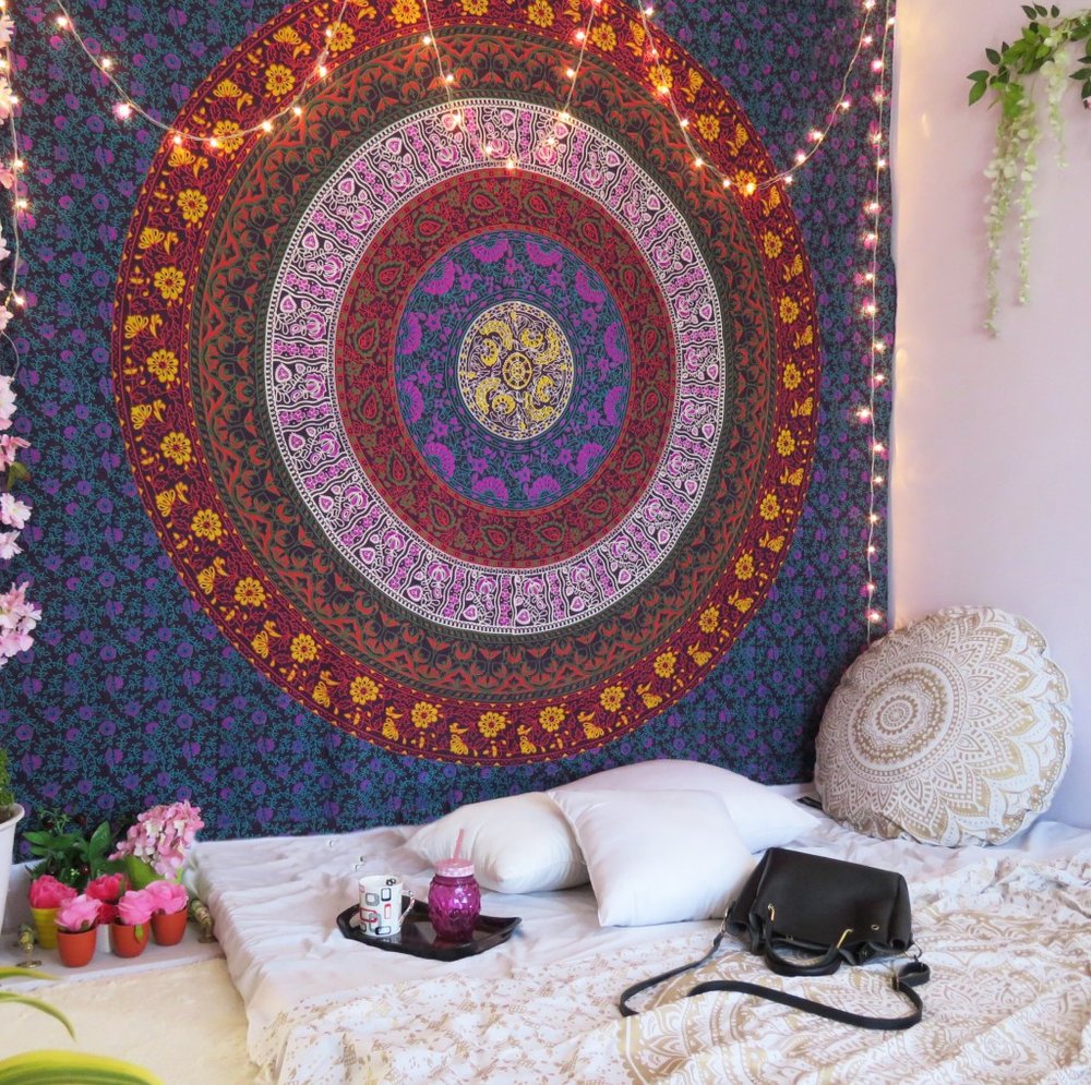 92" X 84" Blue Red And Yellow Mandala Cotton Hanging Tapestry