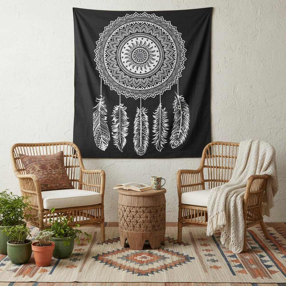 92" X 84" Black And White Abstract Cotton Hanging Tapestry