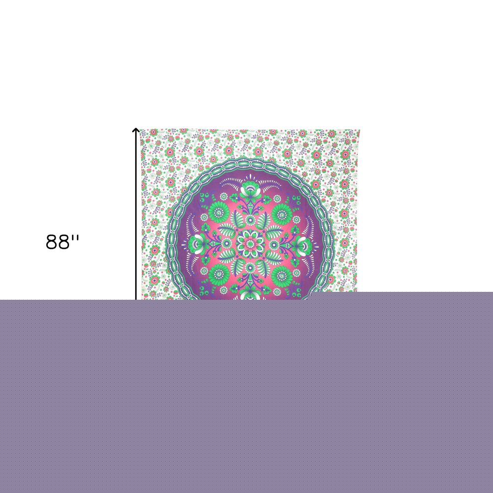 88" X 84" Green Purple And White Floral Cotton Hanging Tapestry