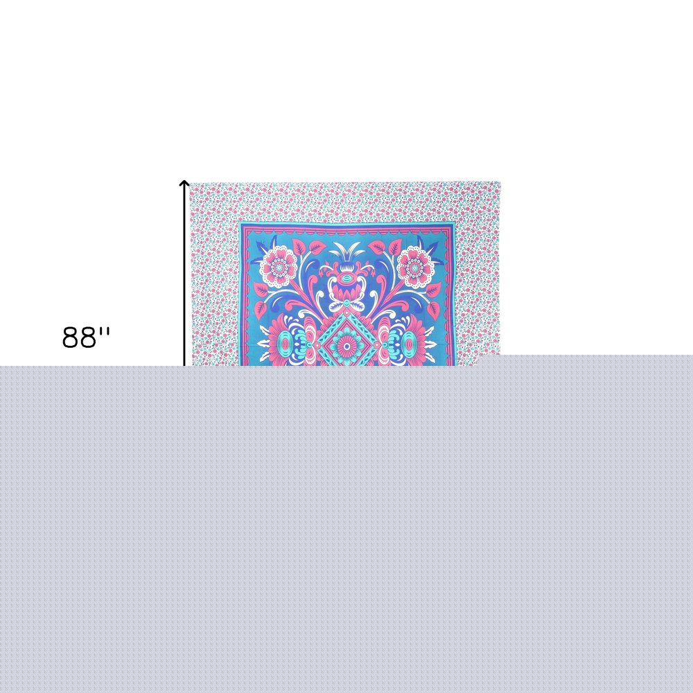 88" X 84" Blue Red And White Floral Cotton Hanging Tapestry