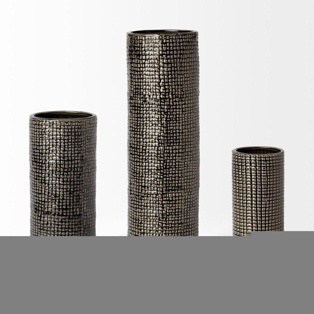 15" Black And Gold Abstract Cylinder Ceramic Table Vase