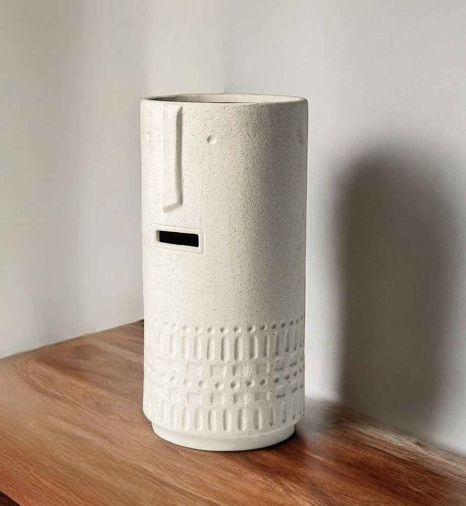 14" White Abstract Cylinder Ceramic Table Vase