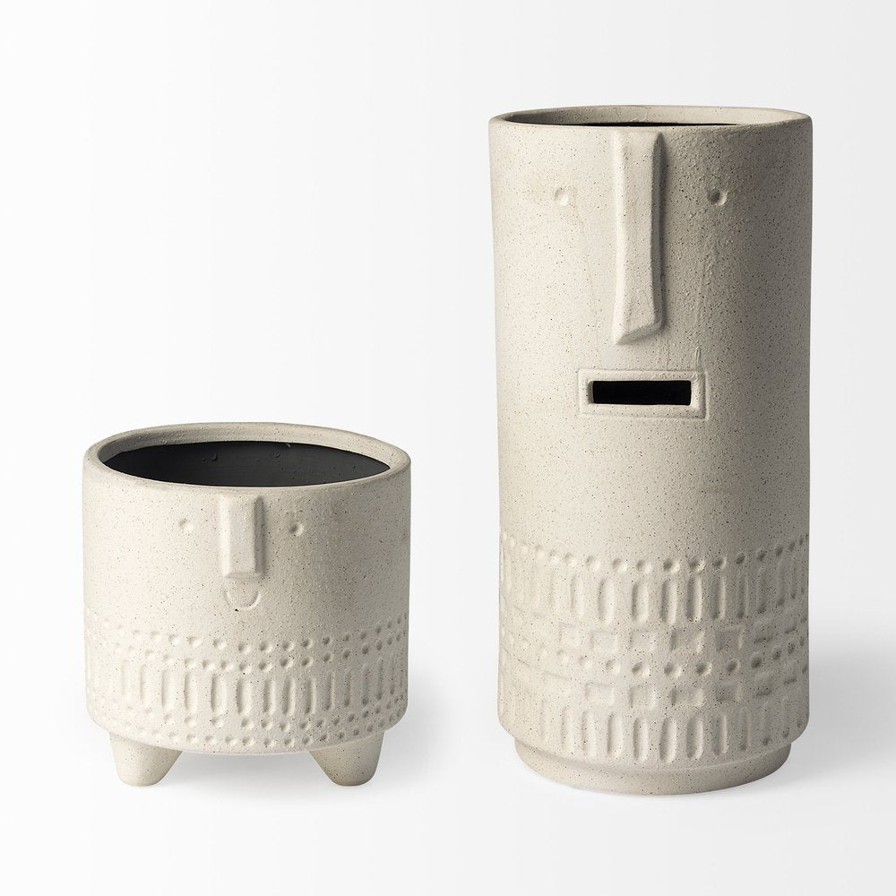 14" White Abstract Cylinder Ceramic Table Vase