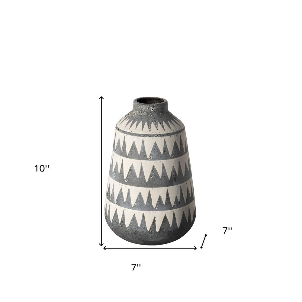 10" Gray And Ivory Geometric Cylinder Ceramic Table Vase